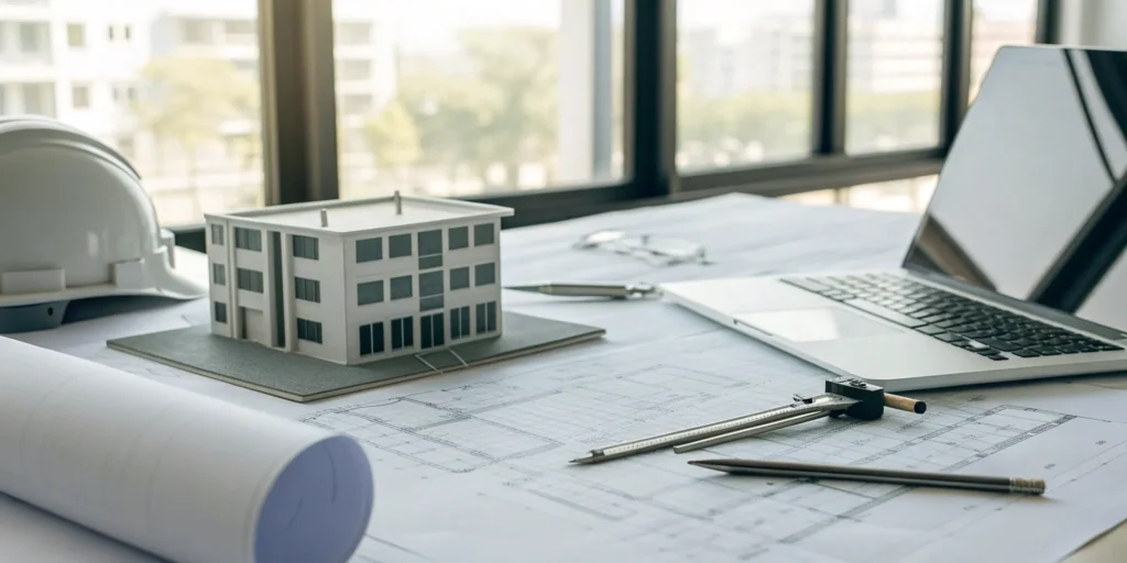 A desk with blueprints, an architectural model, and a hard hat for land entitlement services.