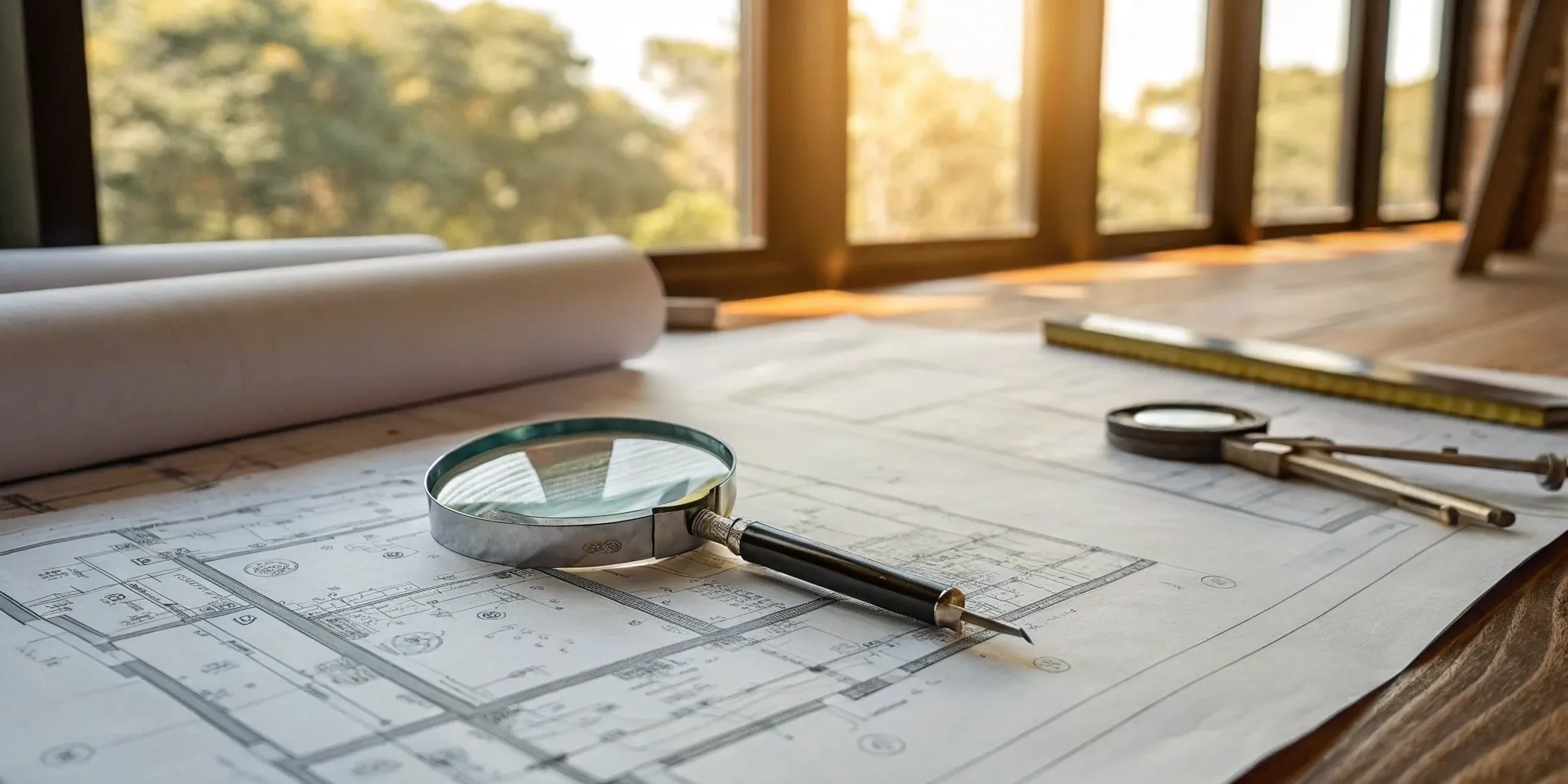 A magnifying glass over blueprints for a Town of Apex sign permit.