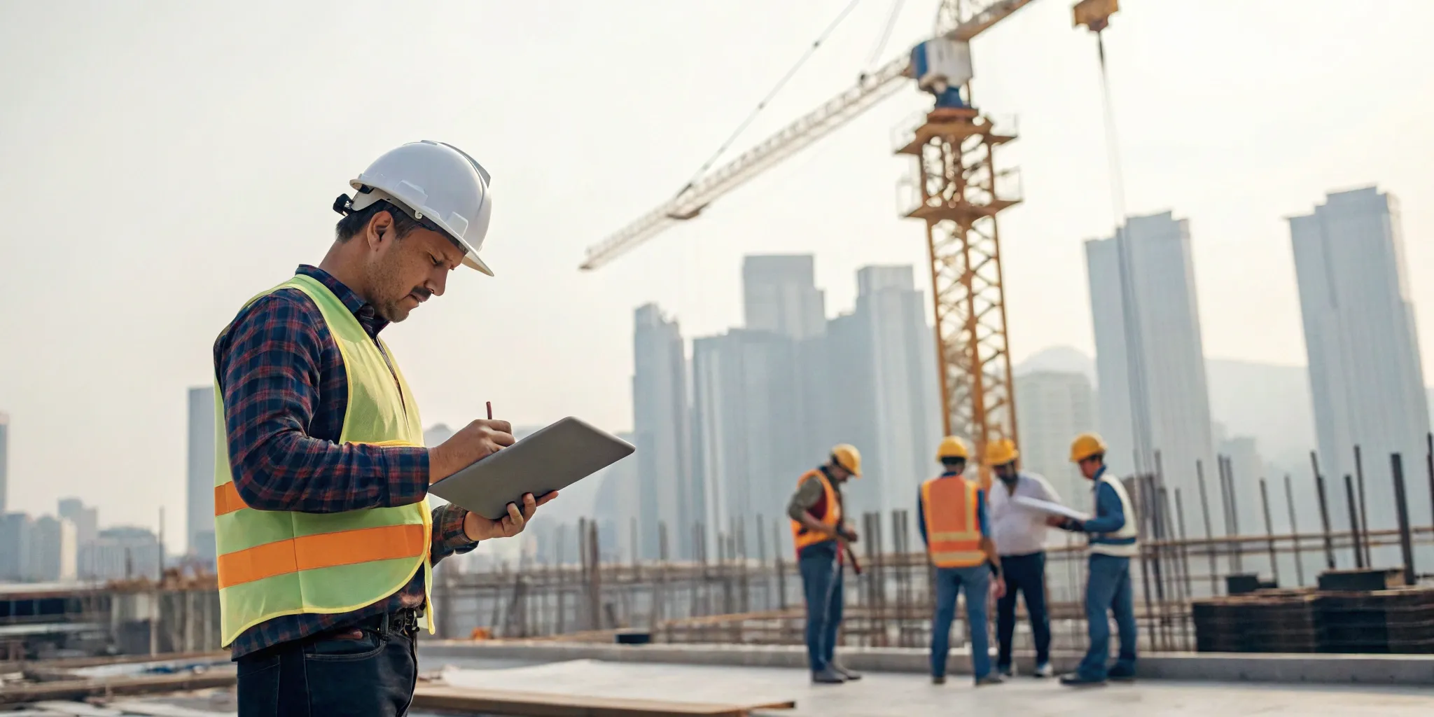 Construction workers and an engineer reviewing plans on-site to manage the project's permit time frame.