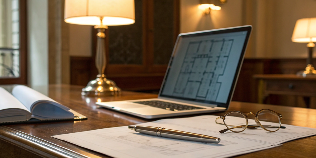 A desk with a laptop and floor plans for researching the best liquor license consulting firms.