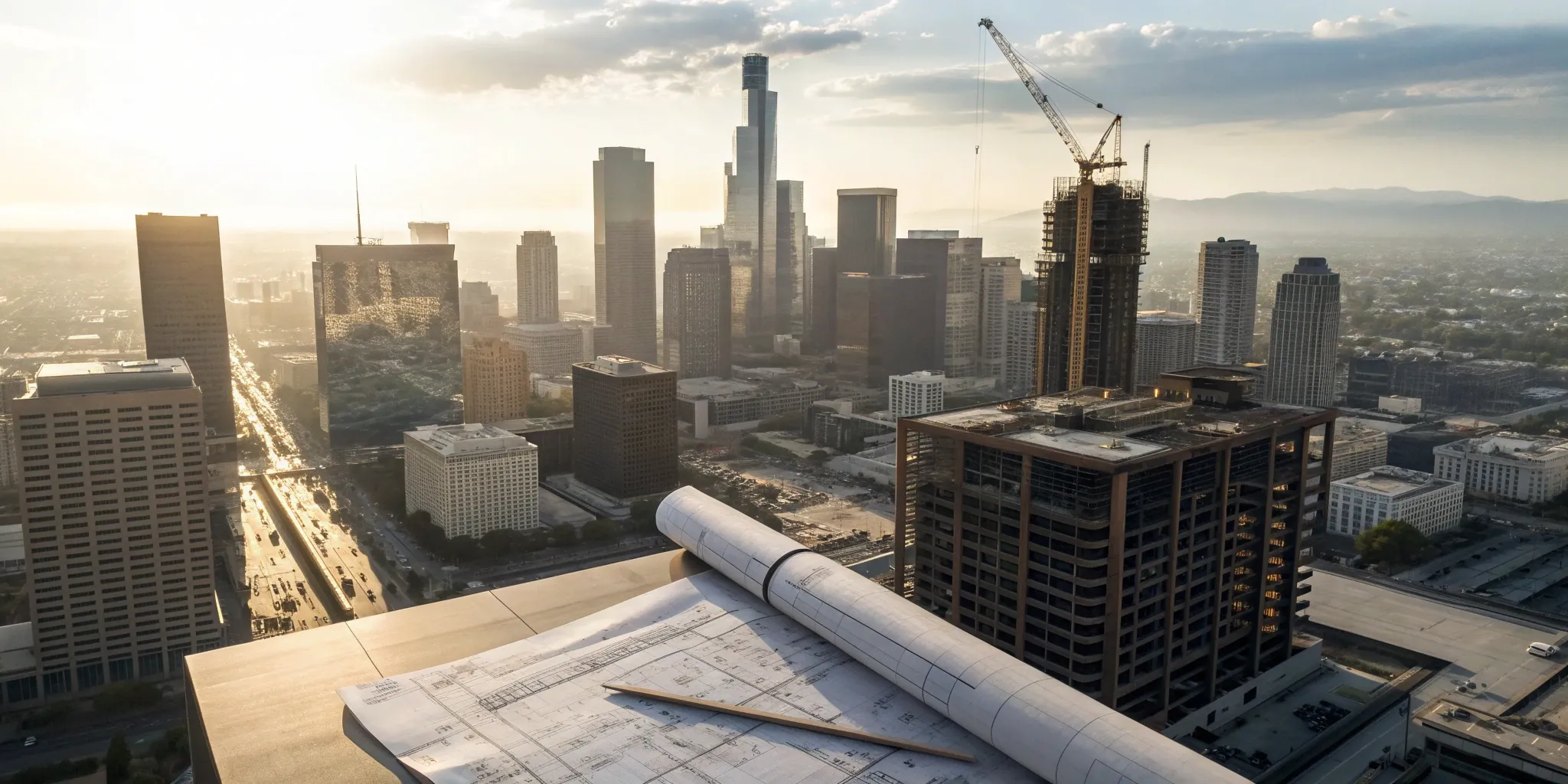 Construction plans and cranes over the Los Angeles skyline for the city's building permit process.