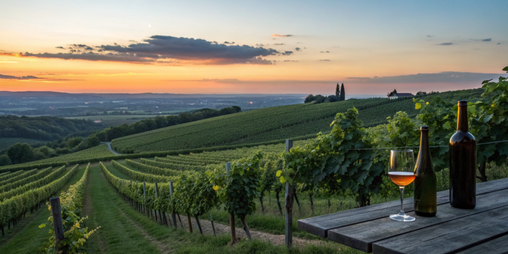 The cost of a California beer and wine license with bottles on a table at a vineyard.