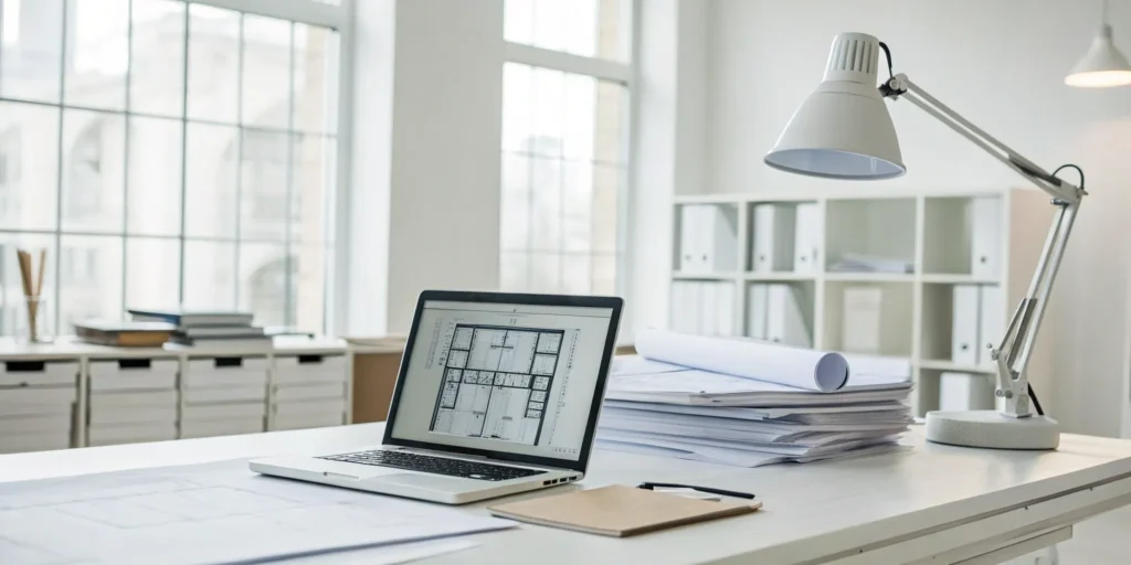 Laptop and blueprints for a display building permit application.