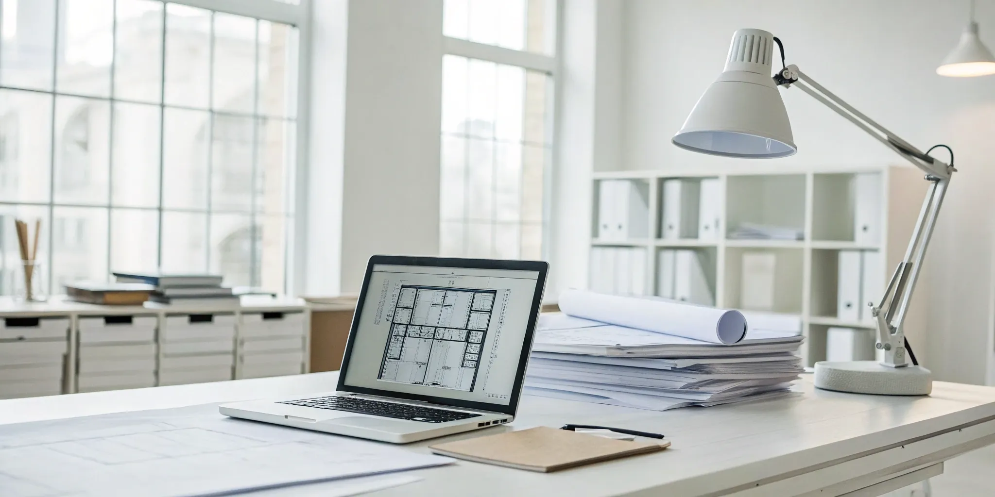 Laptop and blueprints for a display building permit application.