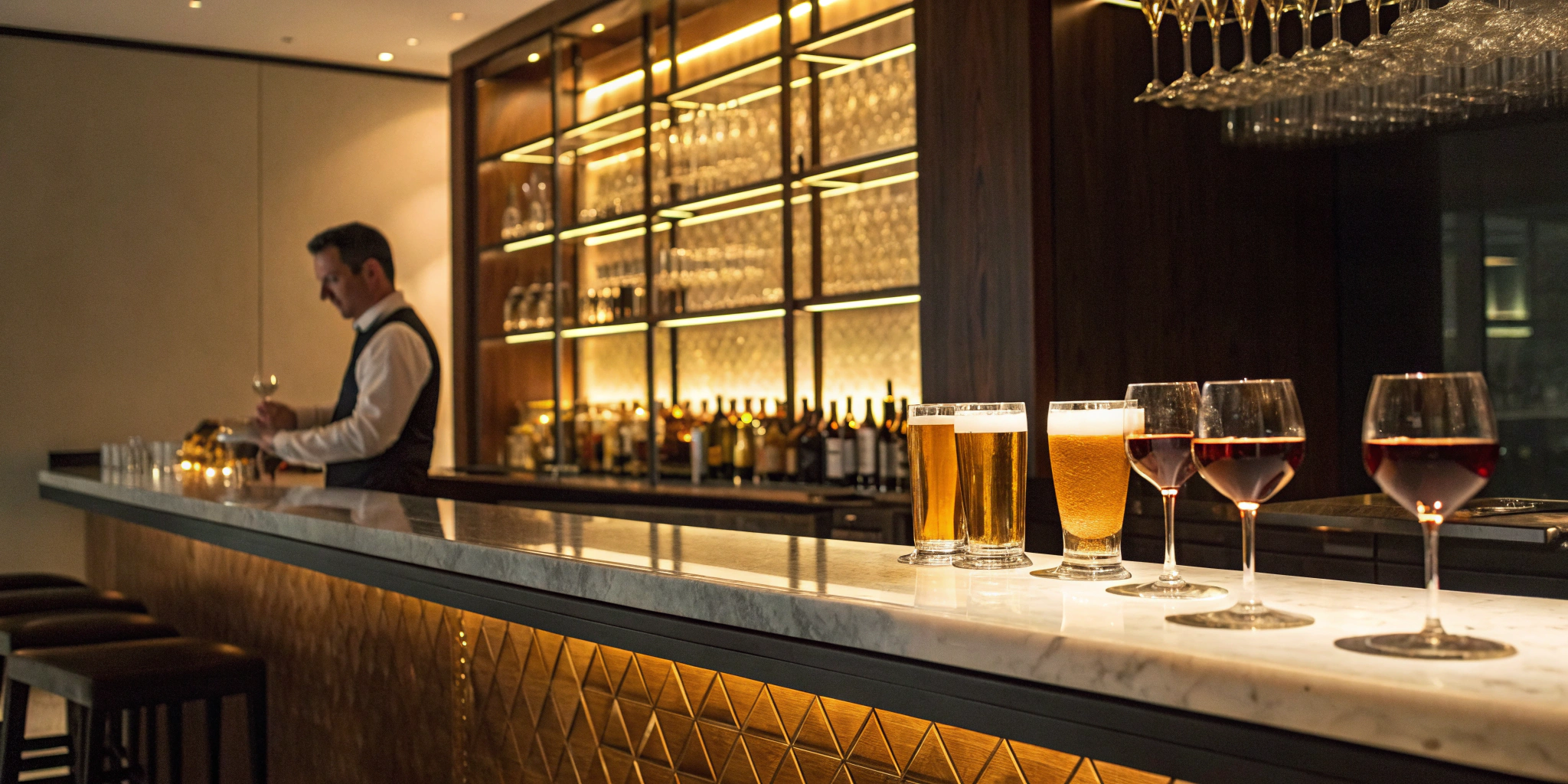 Glasses of beer and wine on a bar, the result of knowing how to apply for a Michigan license.