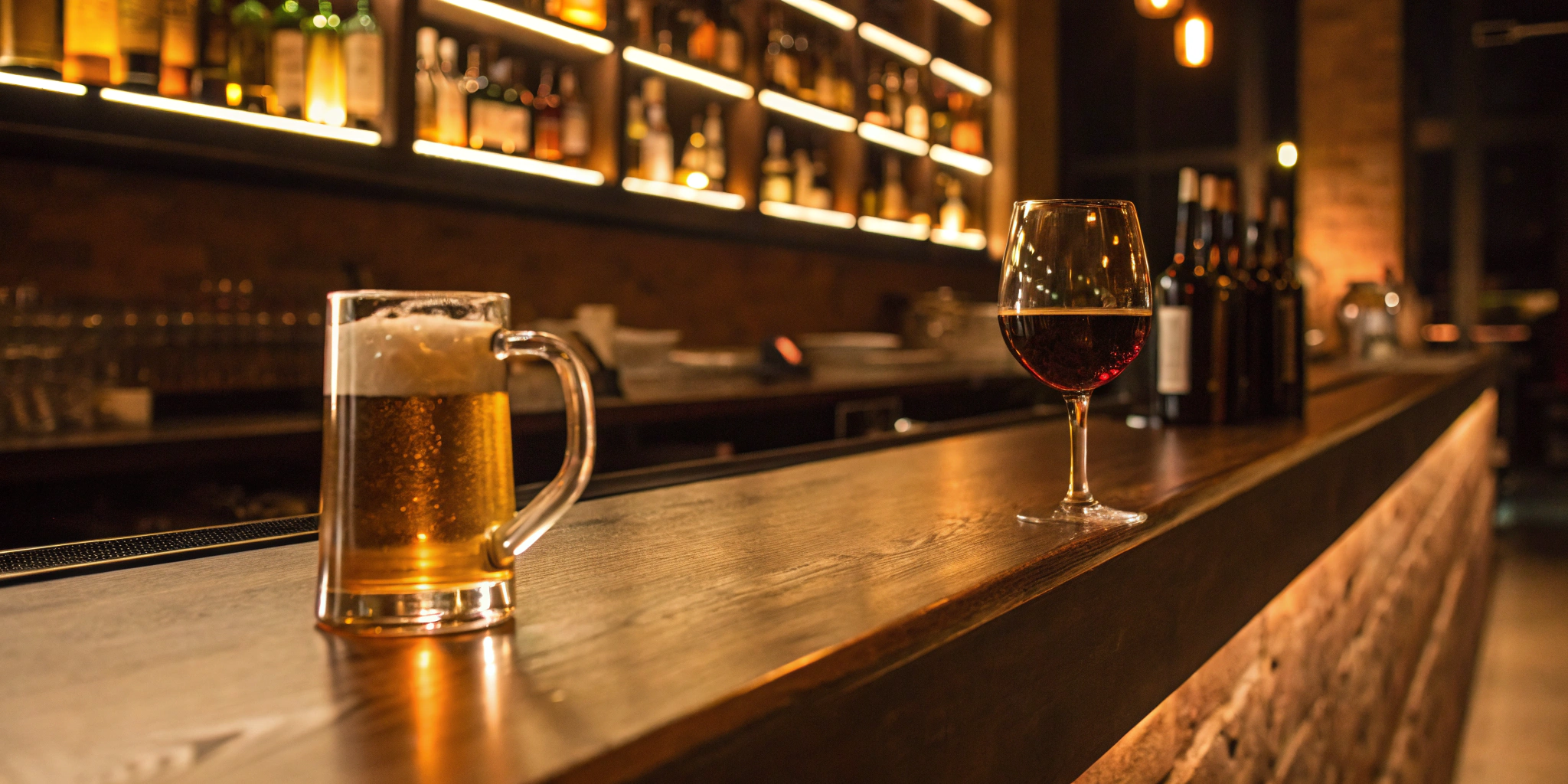 Glasses of beer and wine on a bar, the goal of getting a Florida license.