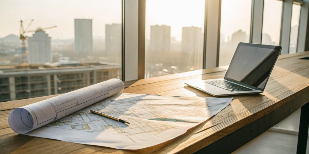 Architectural plans on a desk for a South Brunswick Township construction permit.