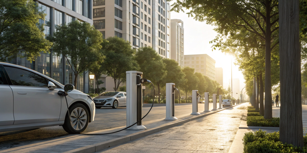 A multi-site EV charging station with several cars plugged in, a project requiring multiple permits.