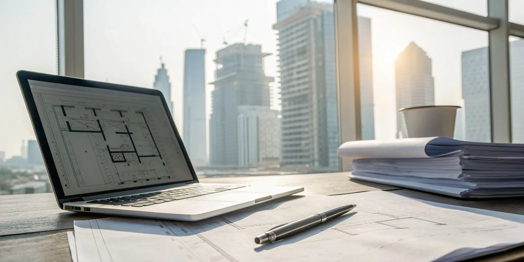An online commercial building permit application on a laptop with architectural plans on a desk.