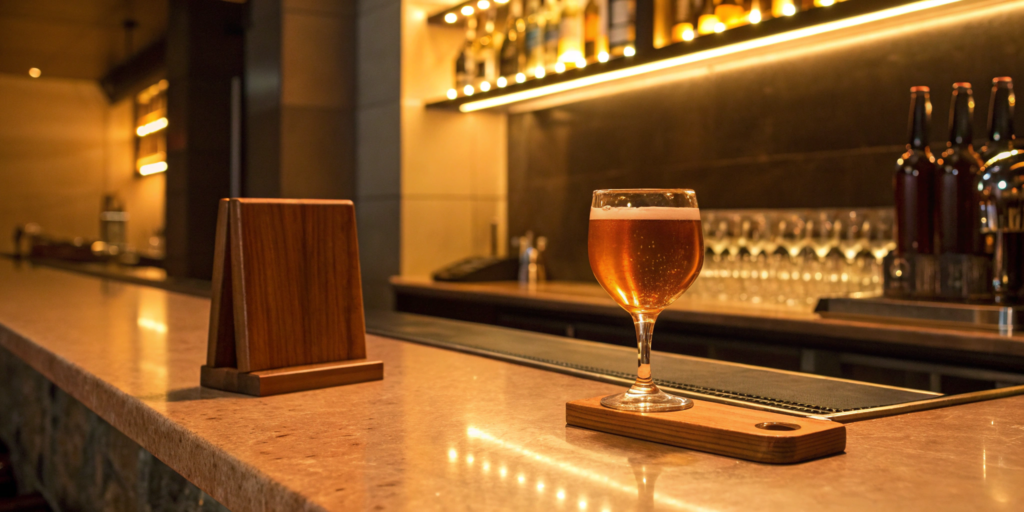 A glass of beer on a bar counter, with the focus on the cost to get a beer and wine license in Washington.