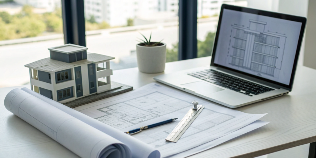 An organized desk with an AHJ plan submittal package, including drawings and requirements.