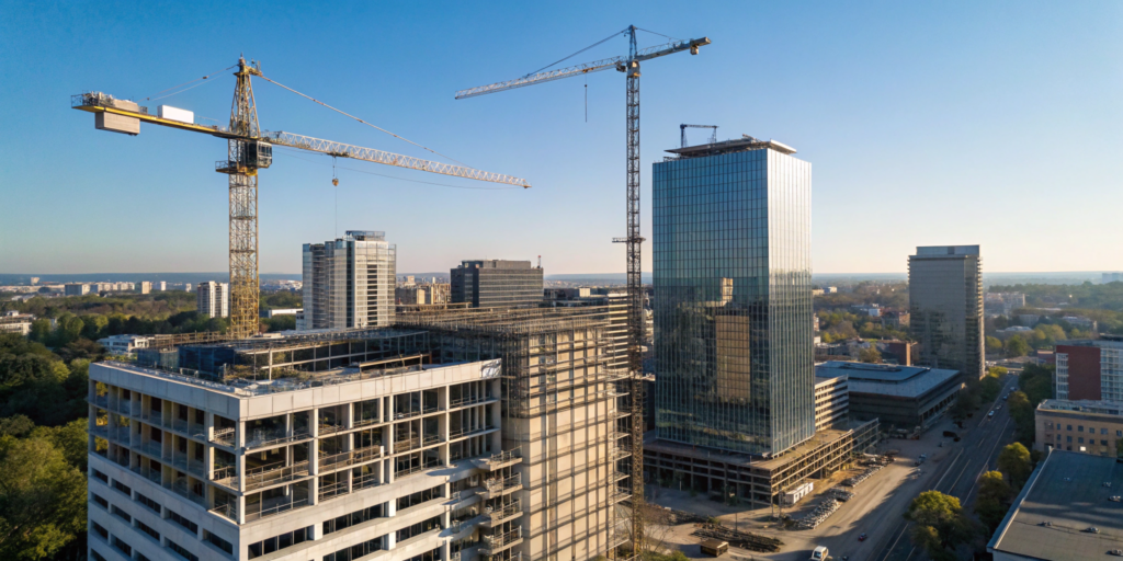 Cranes over a building construction site, where operations and activity require official permits.