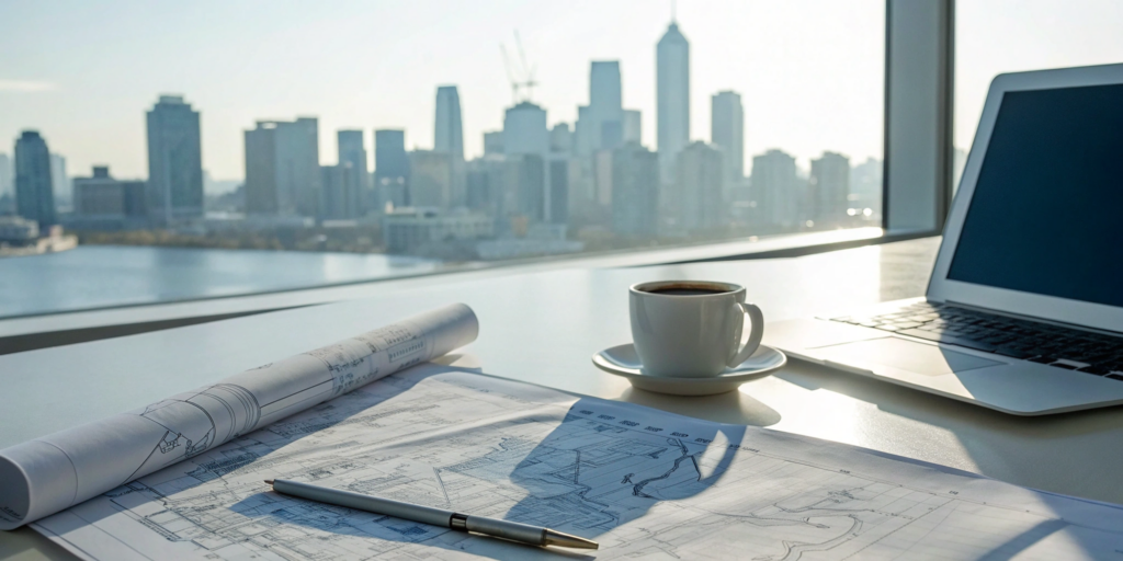 Commercial real estate permit due diligence with blueprints and a laptop overlooking a city.