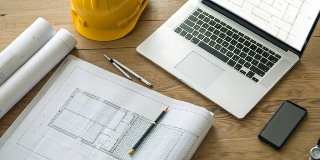 A desk setup for planning faster franchise construction permitting with blueprints and a hard hat.