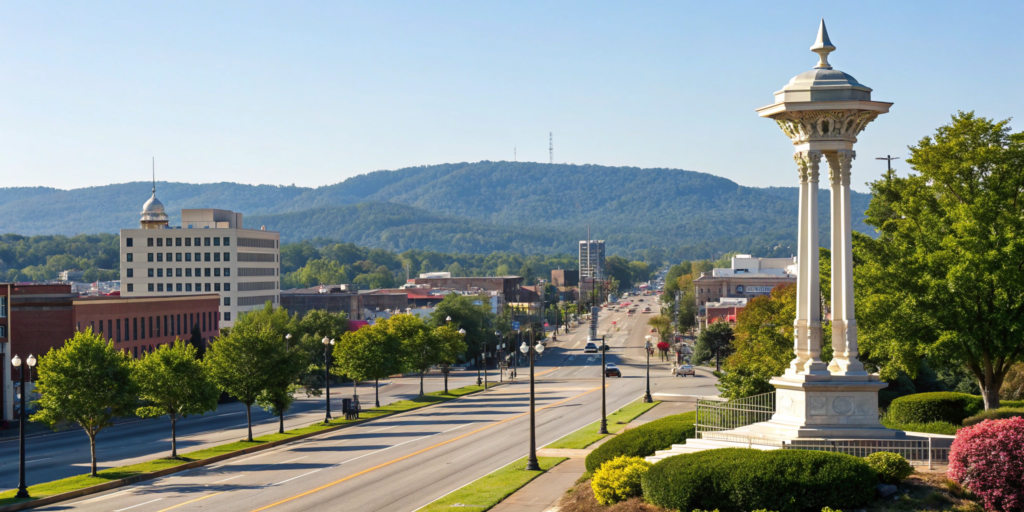 Downtown Chattanooga TN street with building signs that require a city permit.