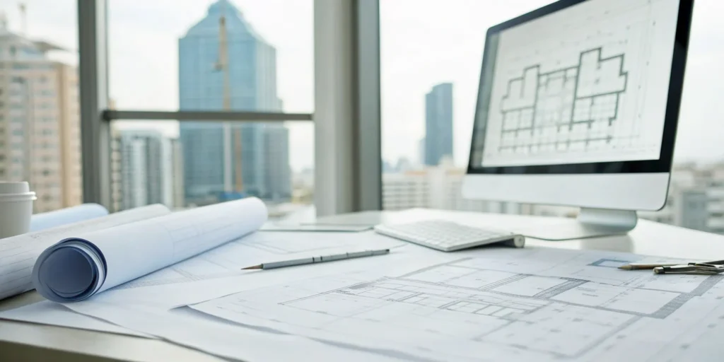 Architectural blueprints on a desk for a certificate of occupancy application.