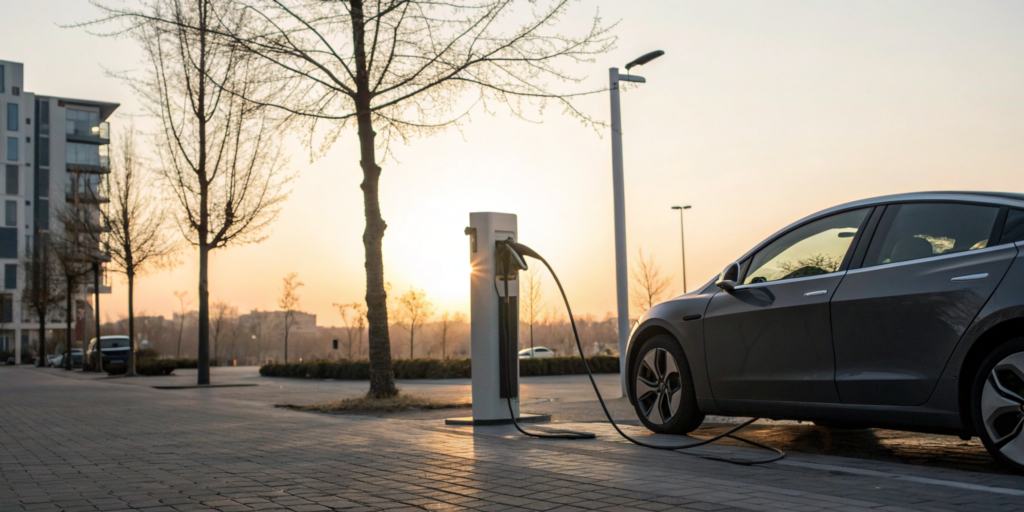 An EV plugged into a charging station, a process that requires getting permits.