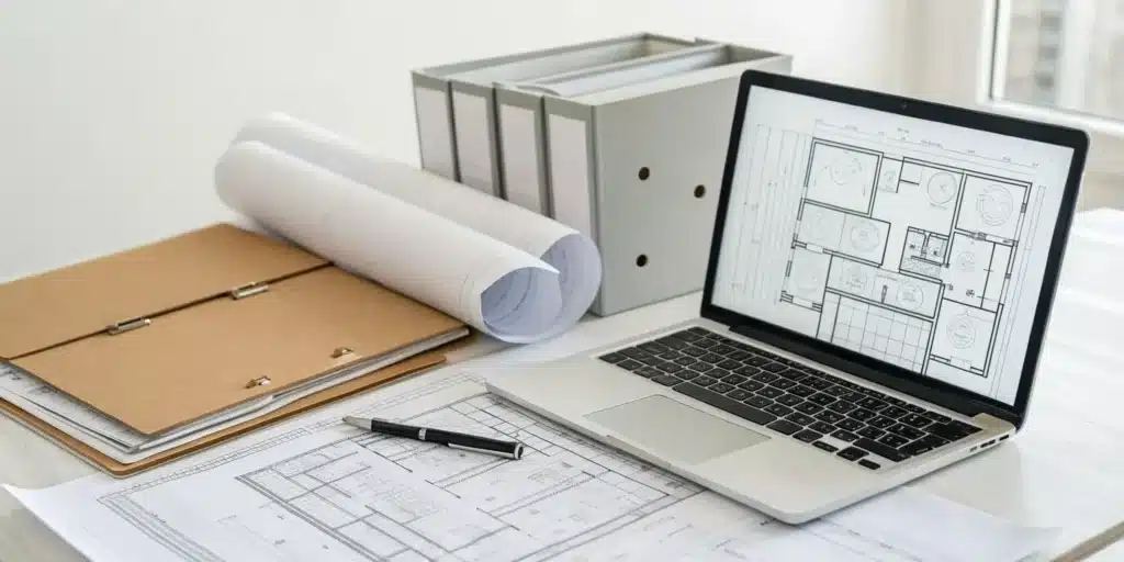 Desk with a laptop, blueprints, and folders organized for a building plan submittal.