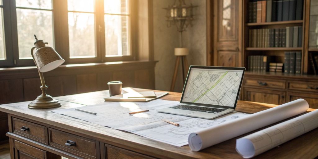 A liquor license consultant preparing a commercial application with blueprints and a laptop.