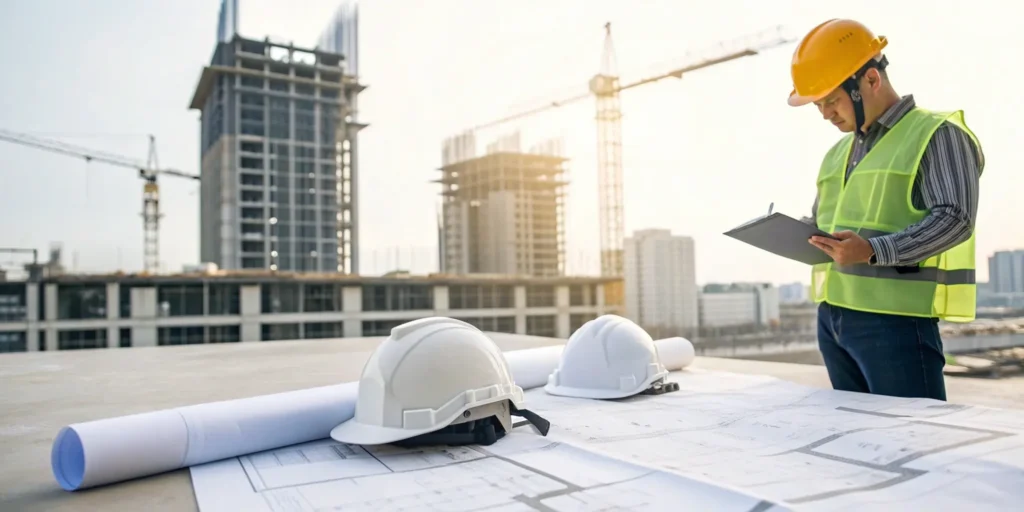 Engineer in safety gear reviews construction blueprints for AHJ approval.