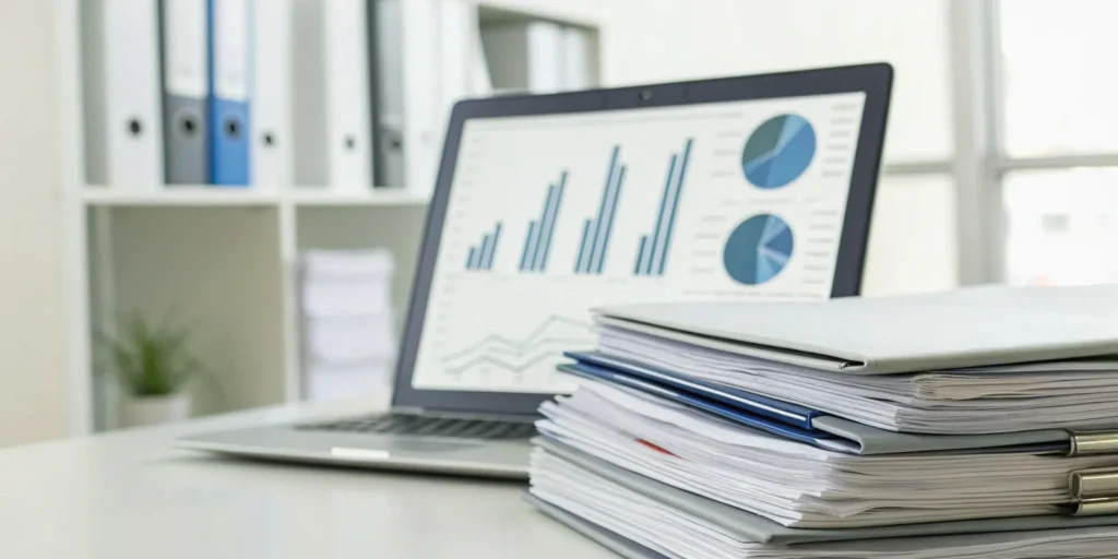 Zoning compliance report documents and a laptop used for professional zoning services.