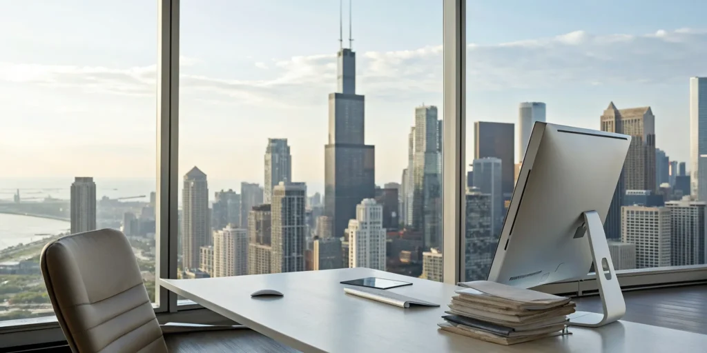 A Chicago permit expediter's office with permit paperwork overlooking the city.